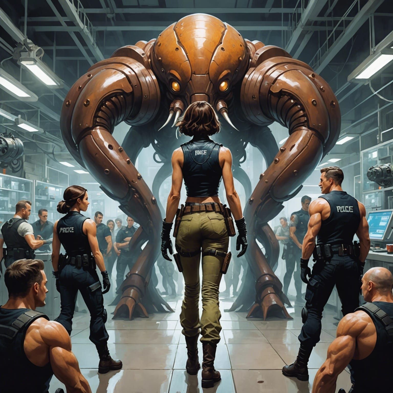 Woman Cop Faces Mutants: Digital Watercolor Illustration