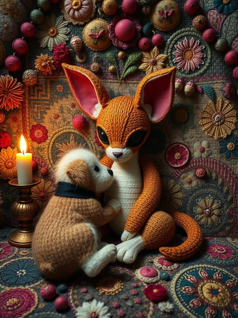 Steam-punk Doll and Puppy in Patchwork Style