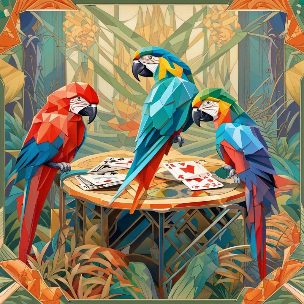 Origami Macaws Play Cards, Alphonse Mucha Style