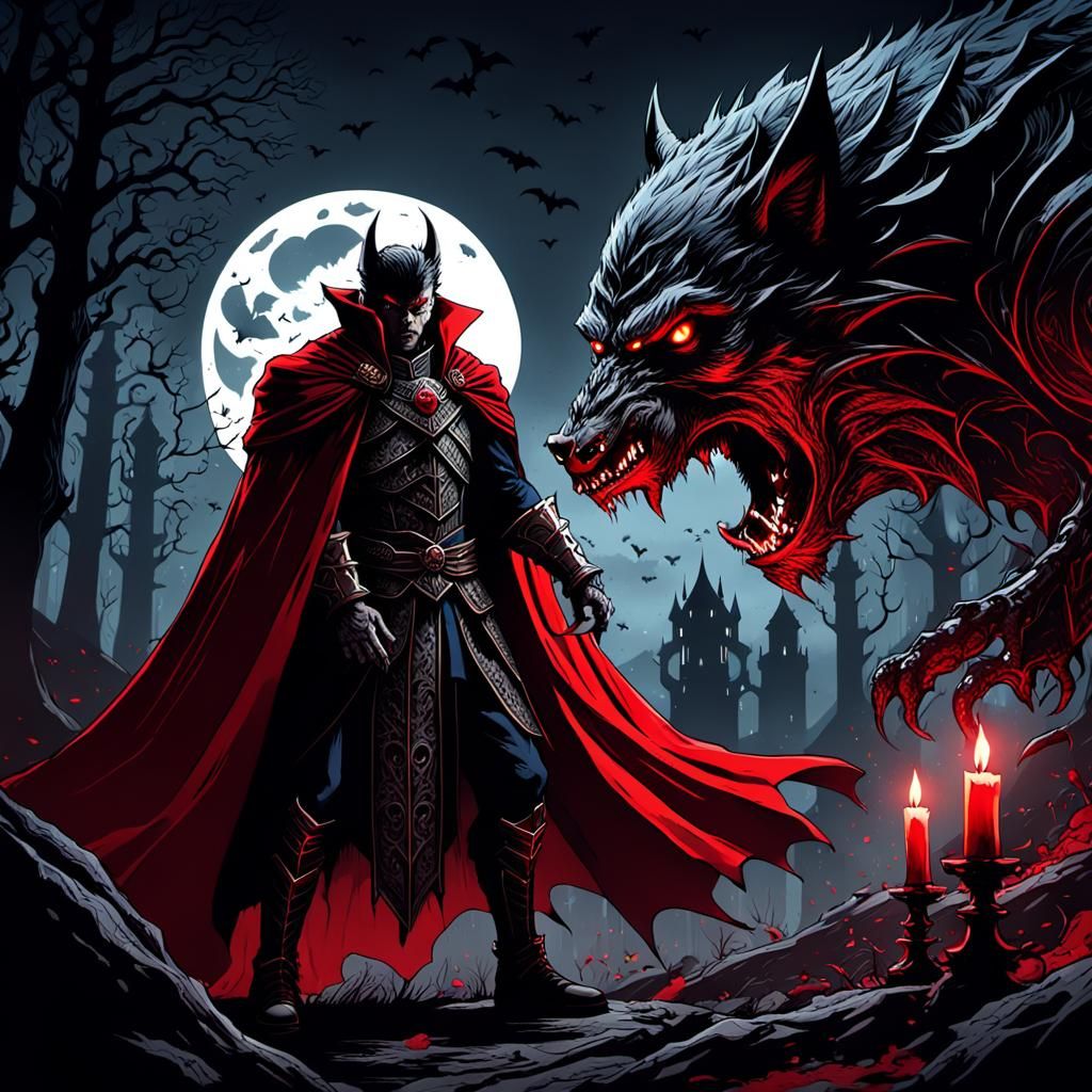 Vampire Lord vs Werewolf in Dark Fantasy Style
