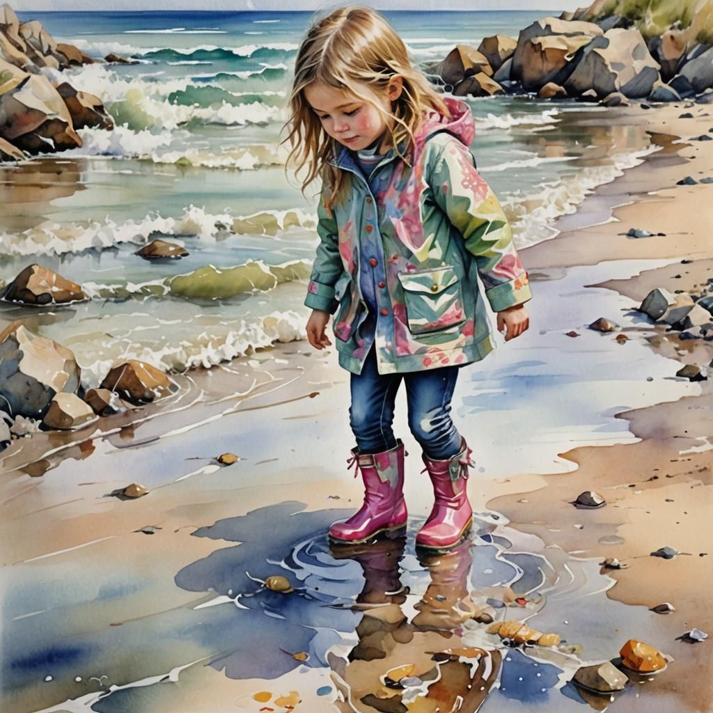 Whimsical Child Wading in Calm Beach Sea
