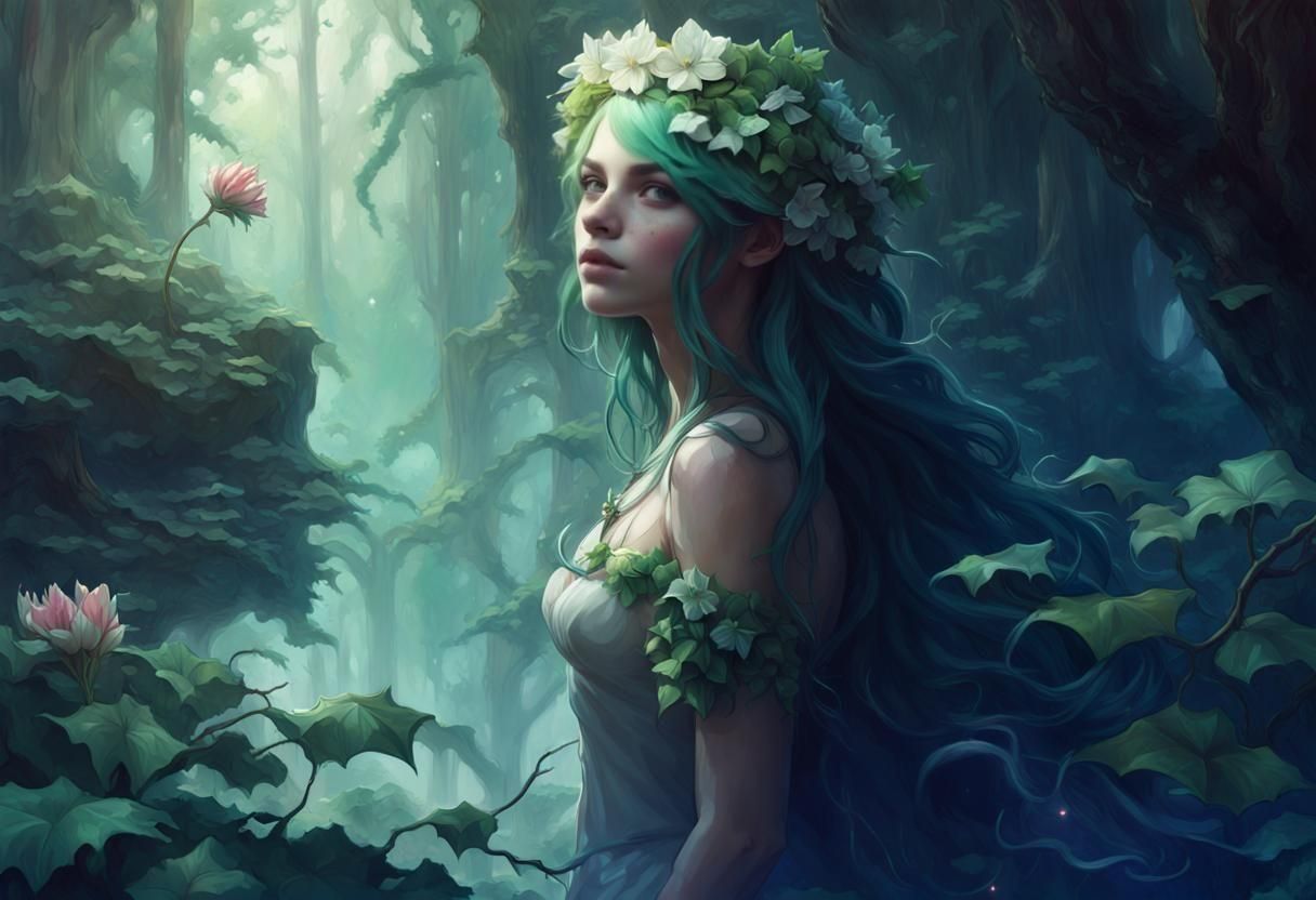 Green-Haired Nymph Collecting Flowers: Fantasy Portrait