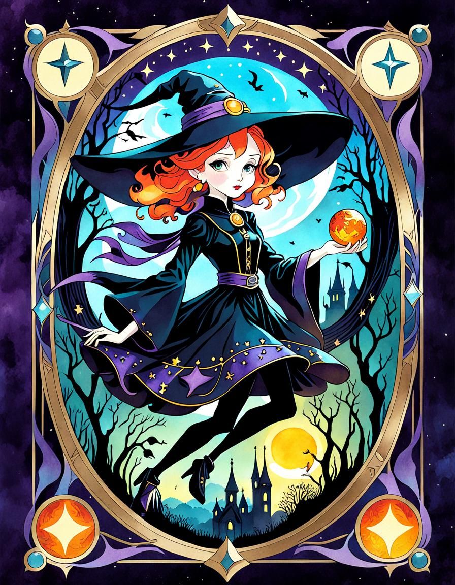 Fantasy Tarot Card: The Witch in Art Deco Style