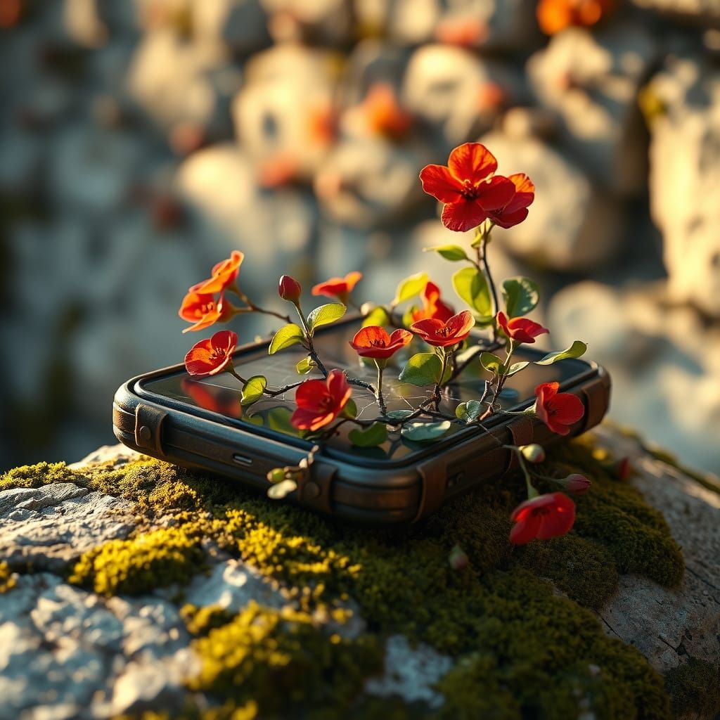 Antique Smartphone with Blossoms in Dystopian Style