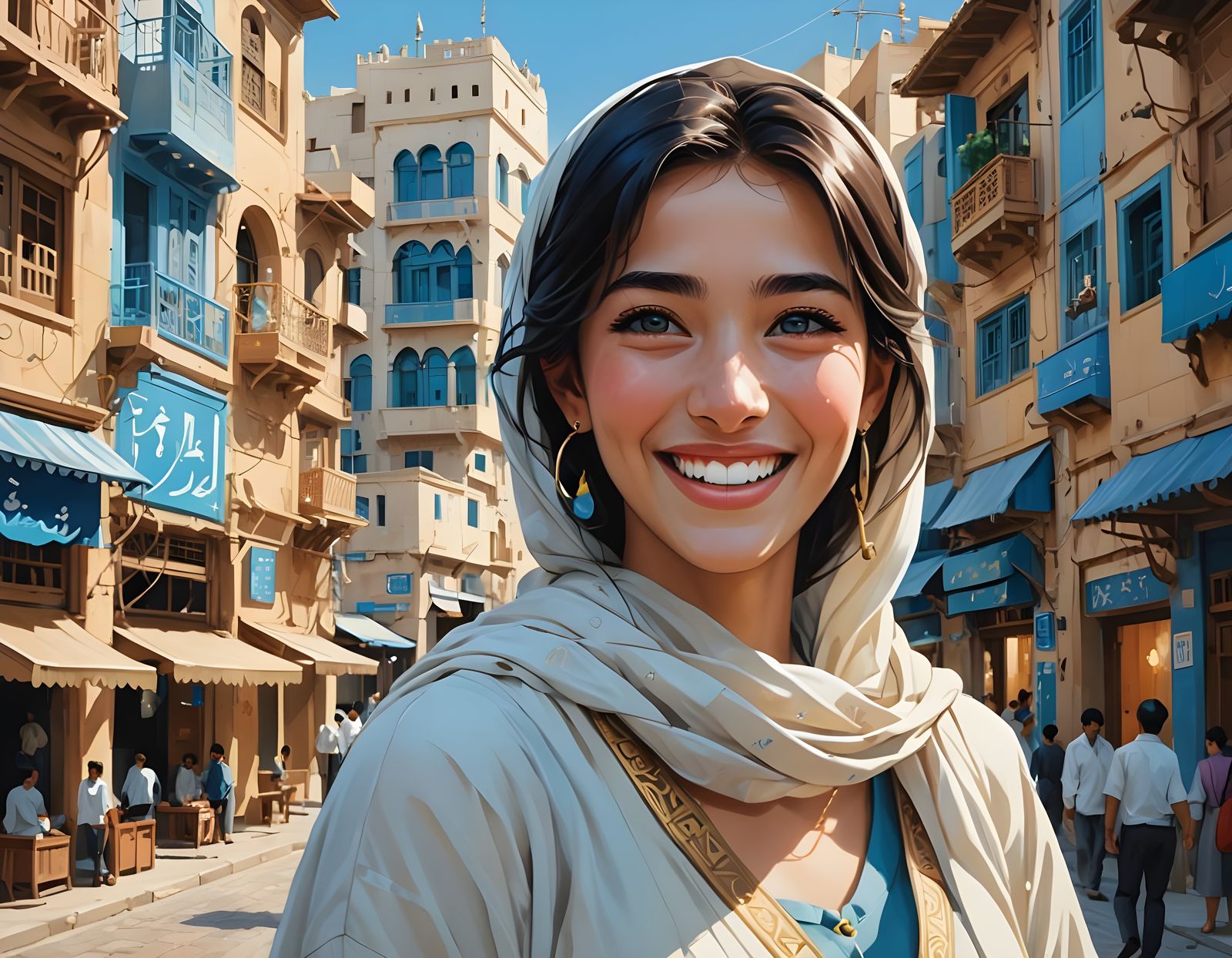 Serene Arab Woman in Ghibli-Inspired Blue Cityscape