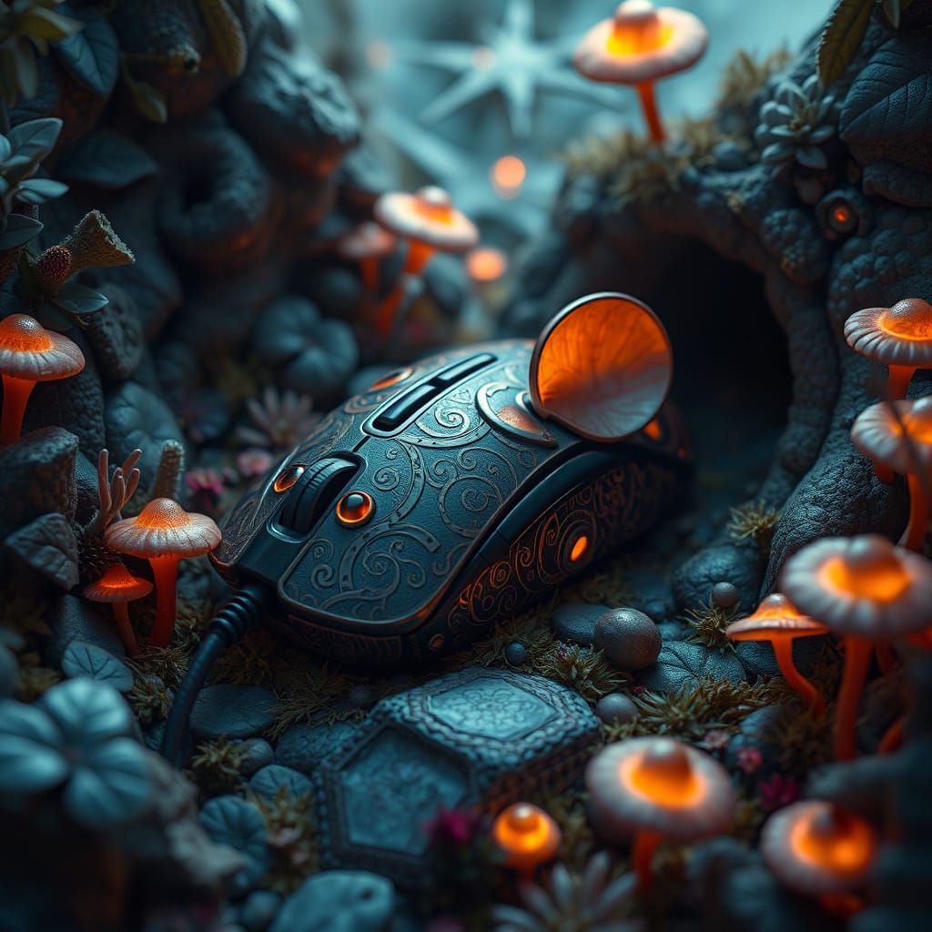 Mystical Computer Mouse Amidst Enchanted Landscape