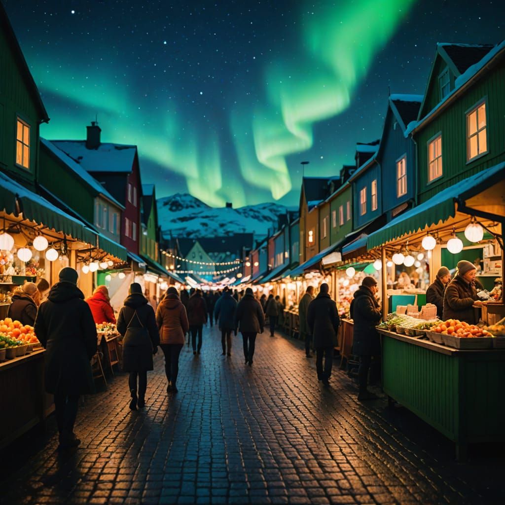 Vibrant Reykjavik Night Market Under the Northern Lights