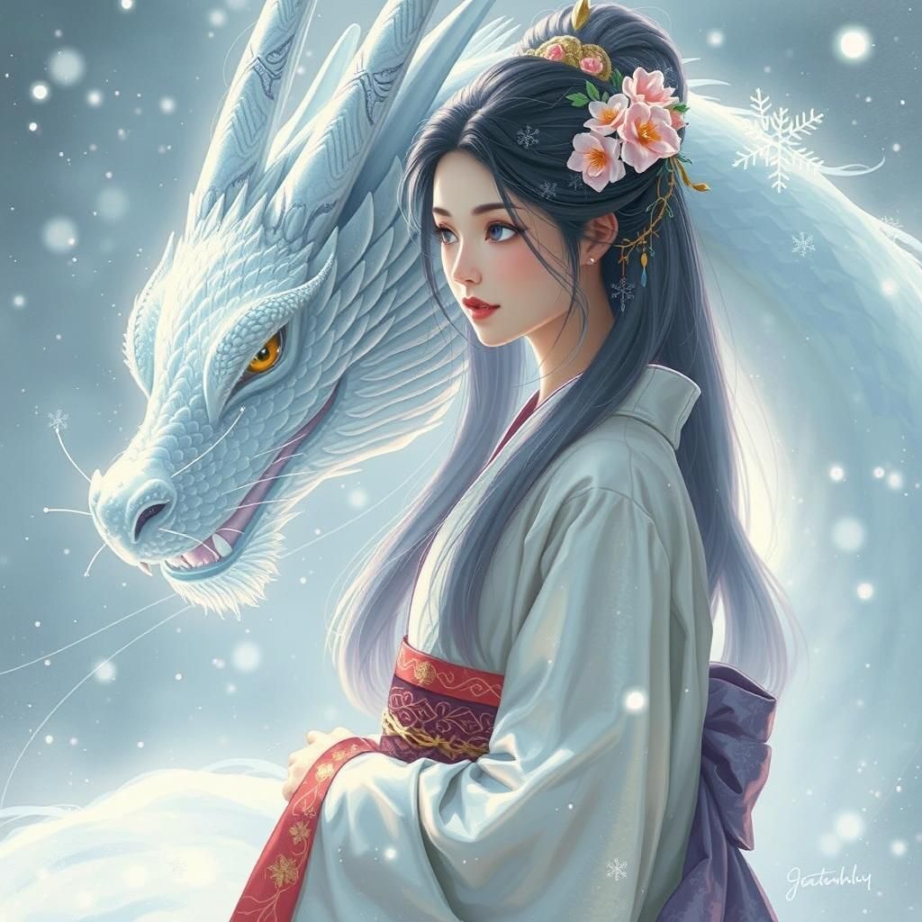 Japanese Princess with Winter Dragon in Dreamy Landscape