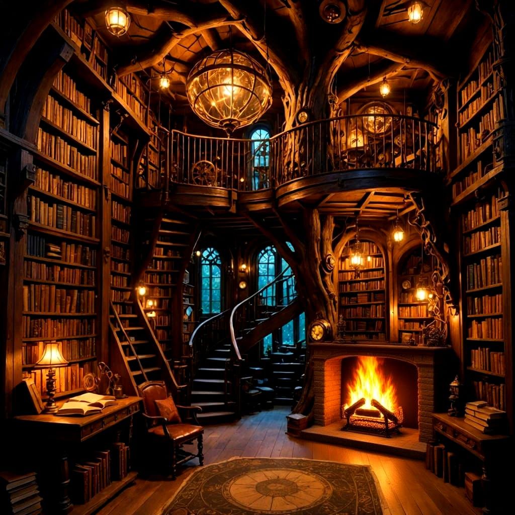 Cozy Treehouse Study with Clockwork Devices and Books