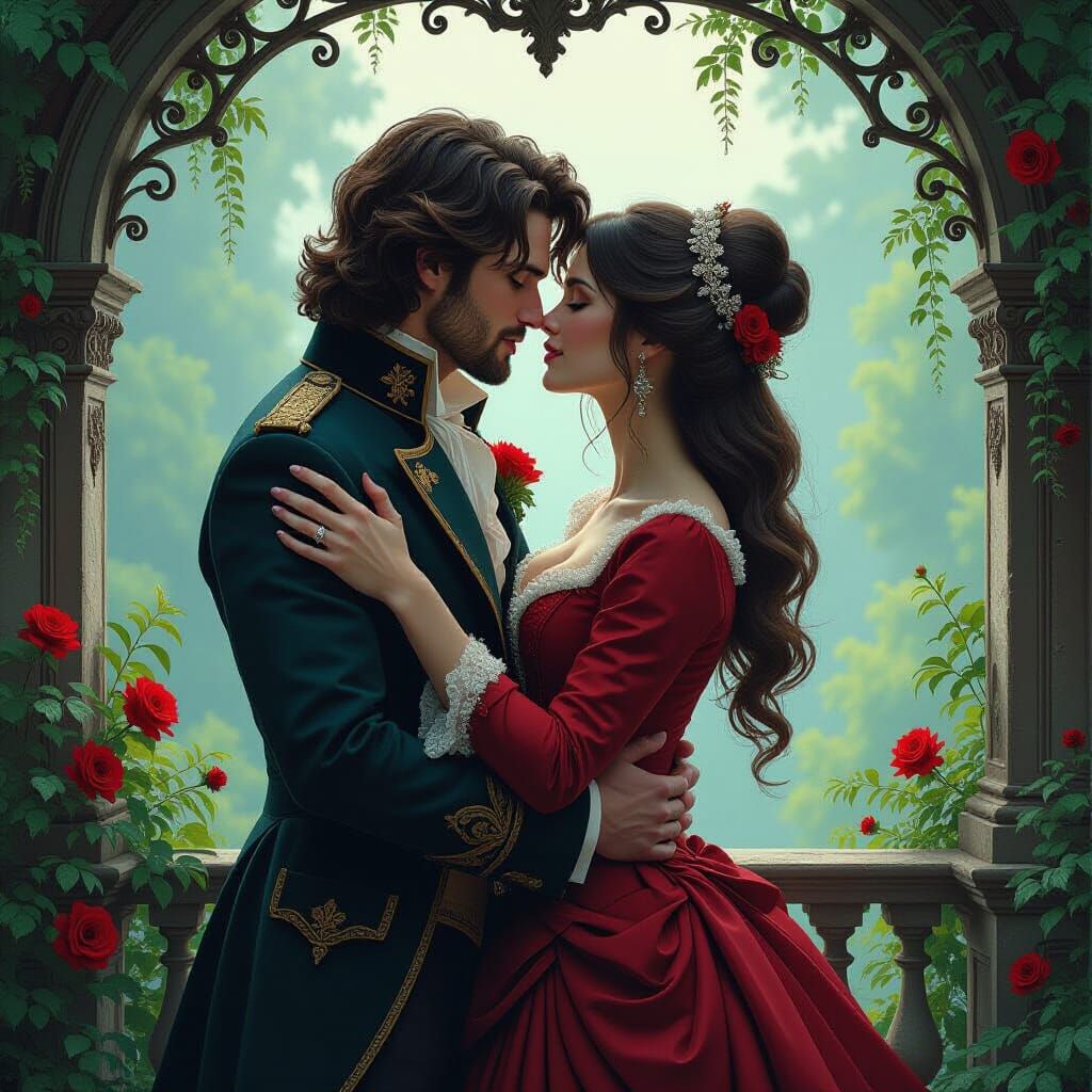 Passionate Embrace in a Dreamlike Victorian Setting