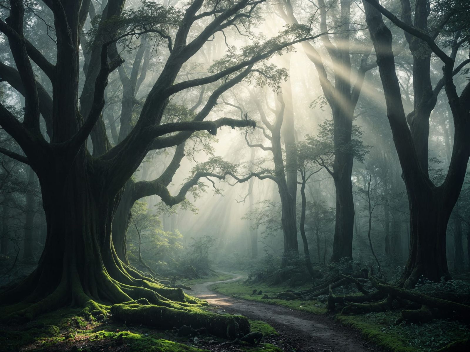 Ethereal Foggy Forest in Moody Watercolor Style