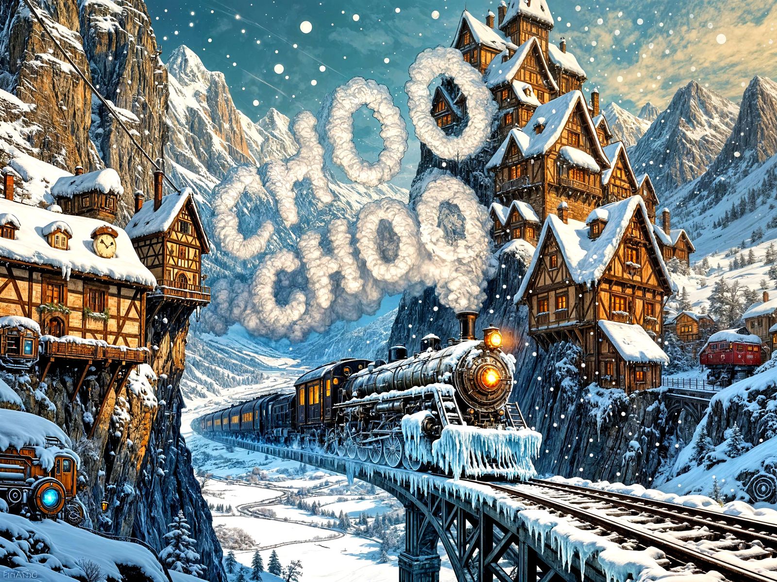 Steam Train with "Choo Choo" Steam in Snowy German Village