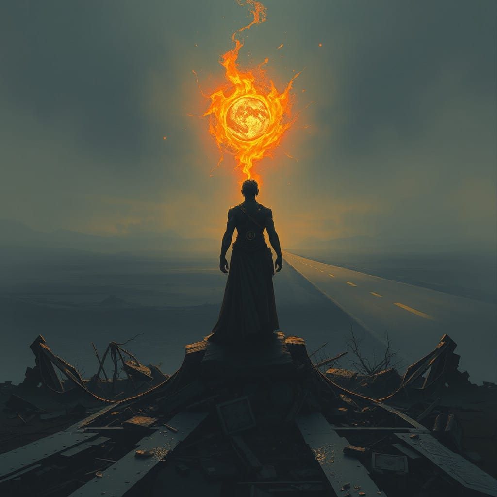 Unwavering Hero Stands Tall Amidst Ruins, Illuminated by Inn...