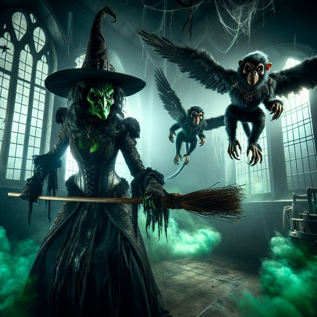 Menacing Witch in Gothic Castle with Flying Monkey Creatures