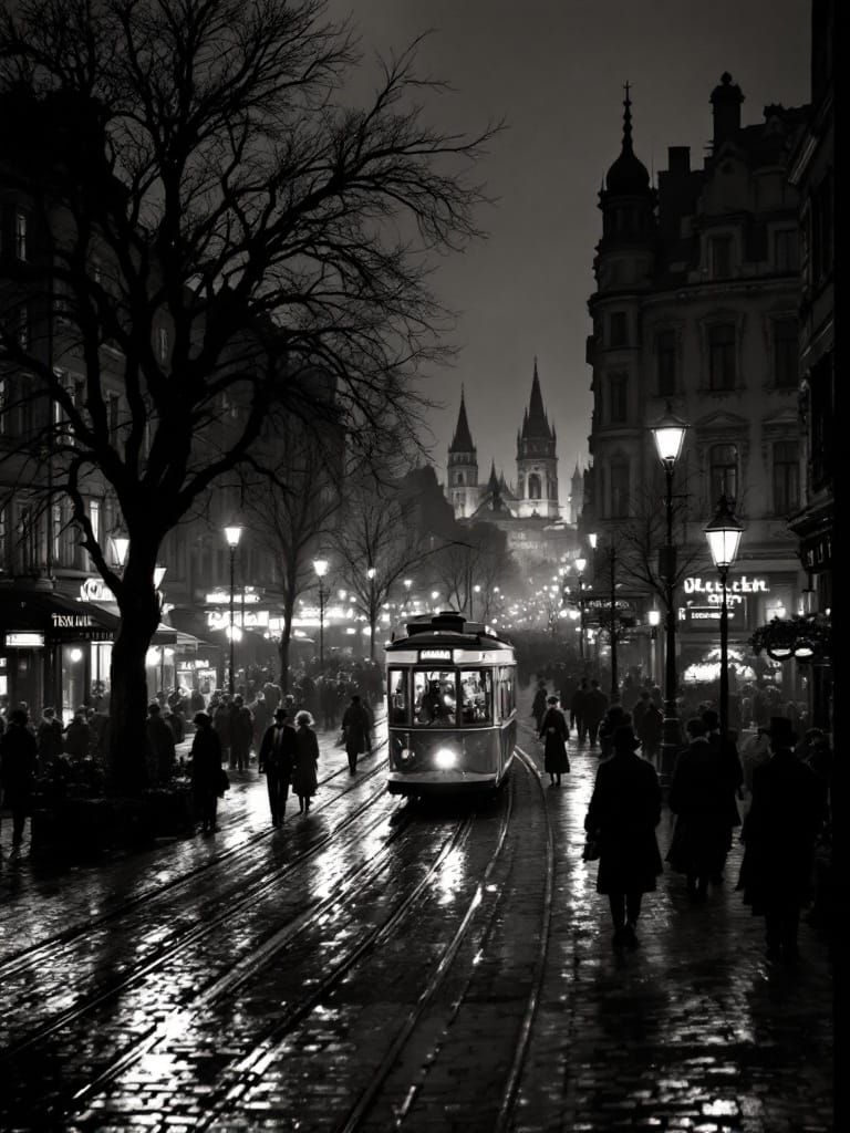 Nostalgic City Street at Night: A Moment in Time