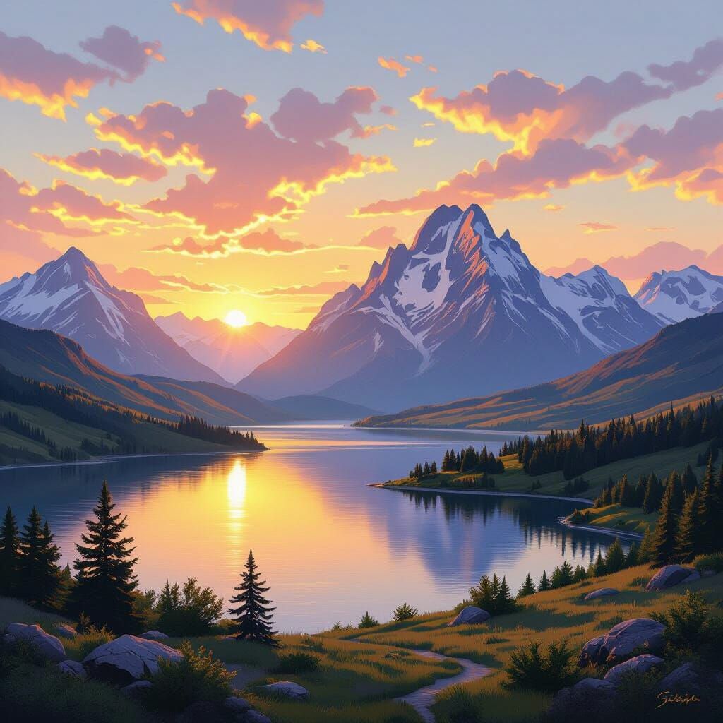 Glowing Sunrise Over Serene Mountain Landscape