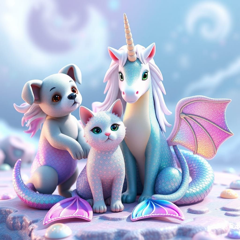 Magical Gathering of Mermaid Dog, Cat, Unicorn, and Dragon