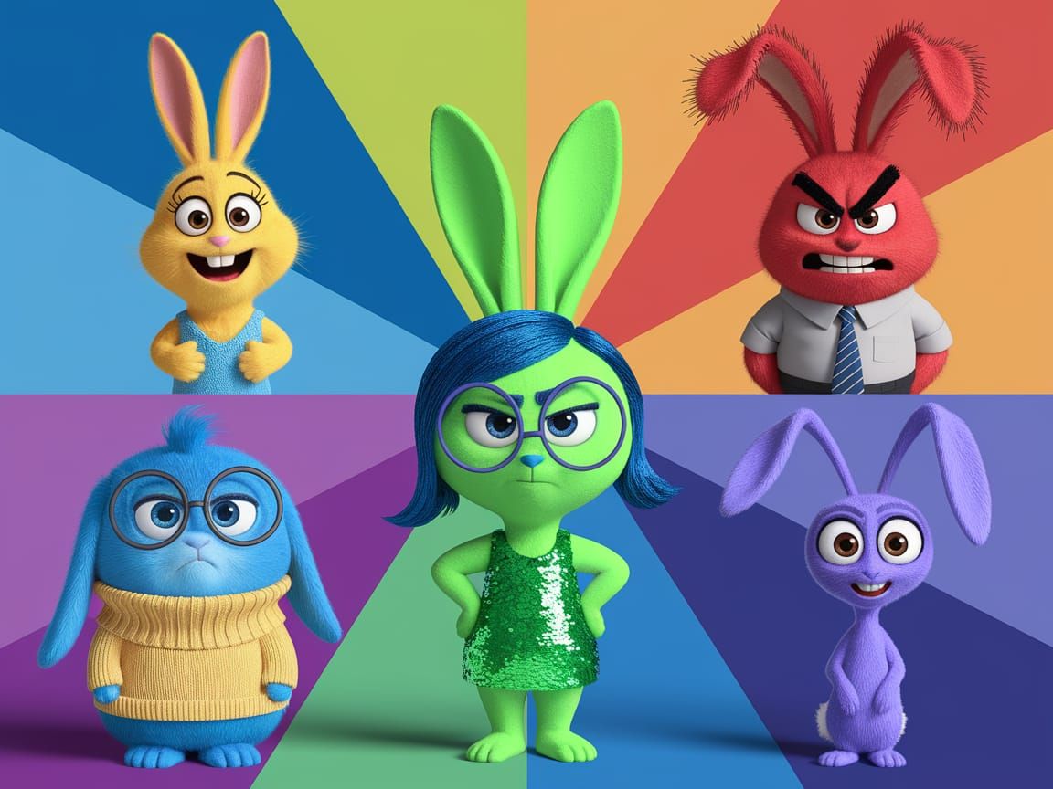 Rabbits Embodying Emotions from Inside Out in Vibrant Digita...