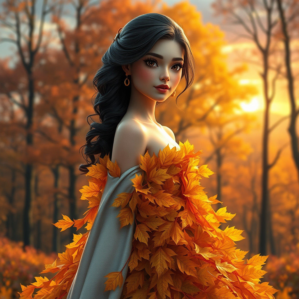 Autumn Leaf Gown in Forest, 3D Digital Art