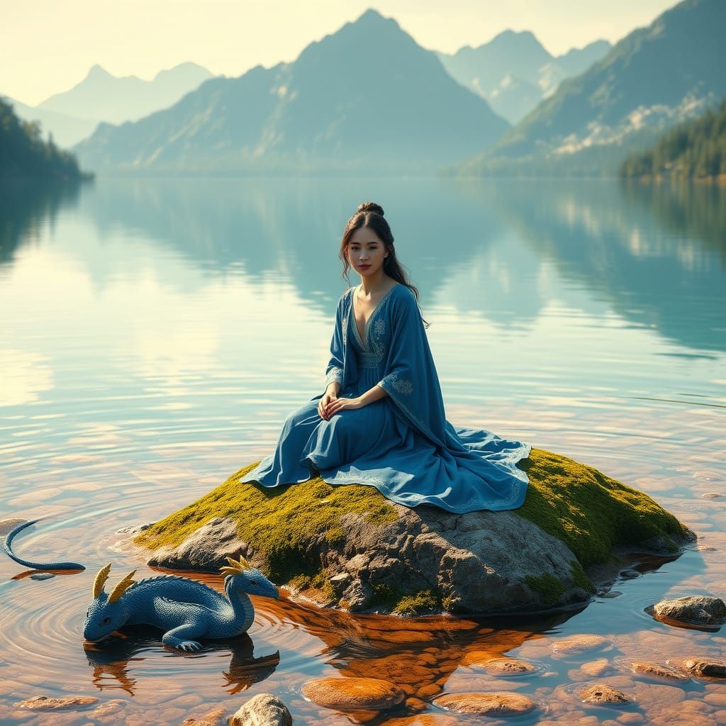 Serene Fantasy Scene with Blue Dragon and Woman