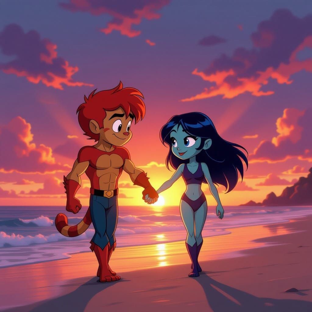 Beast Boy and Raven Walk Hand-in-Hand on Beach at Sunset