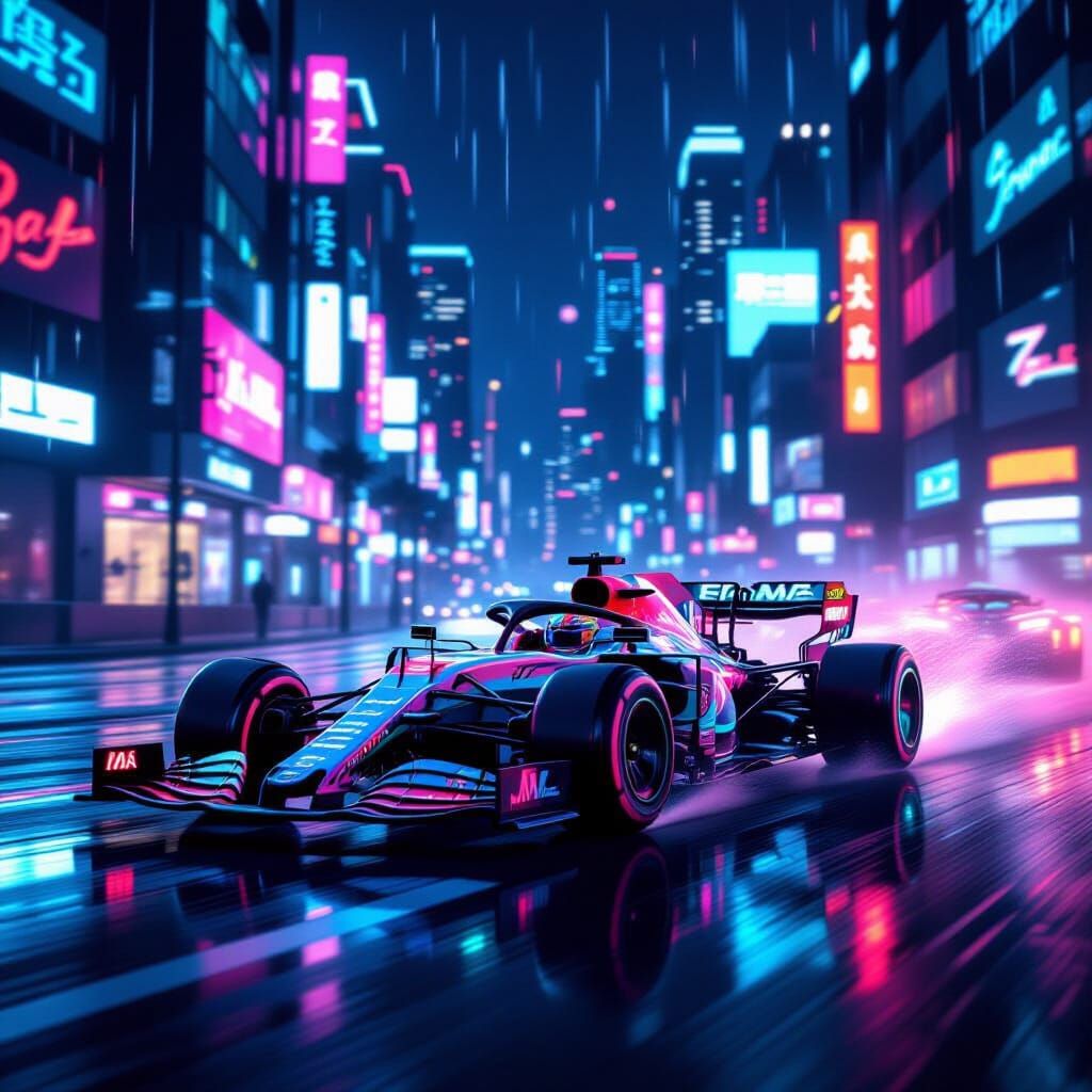 Cyberpunk Formula 1 Car Drifting Through Neon City