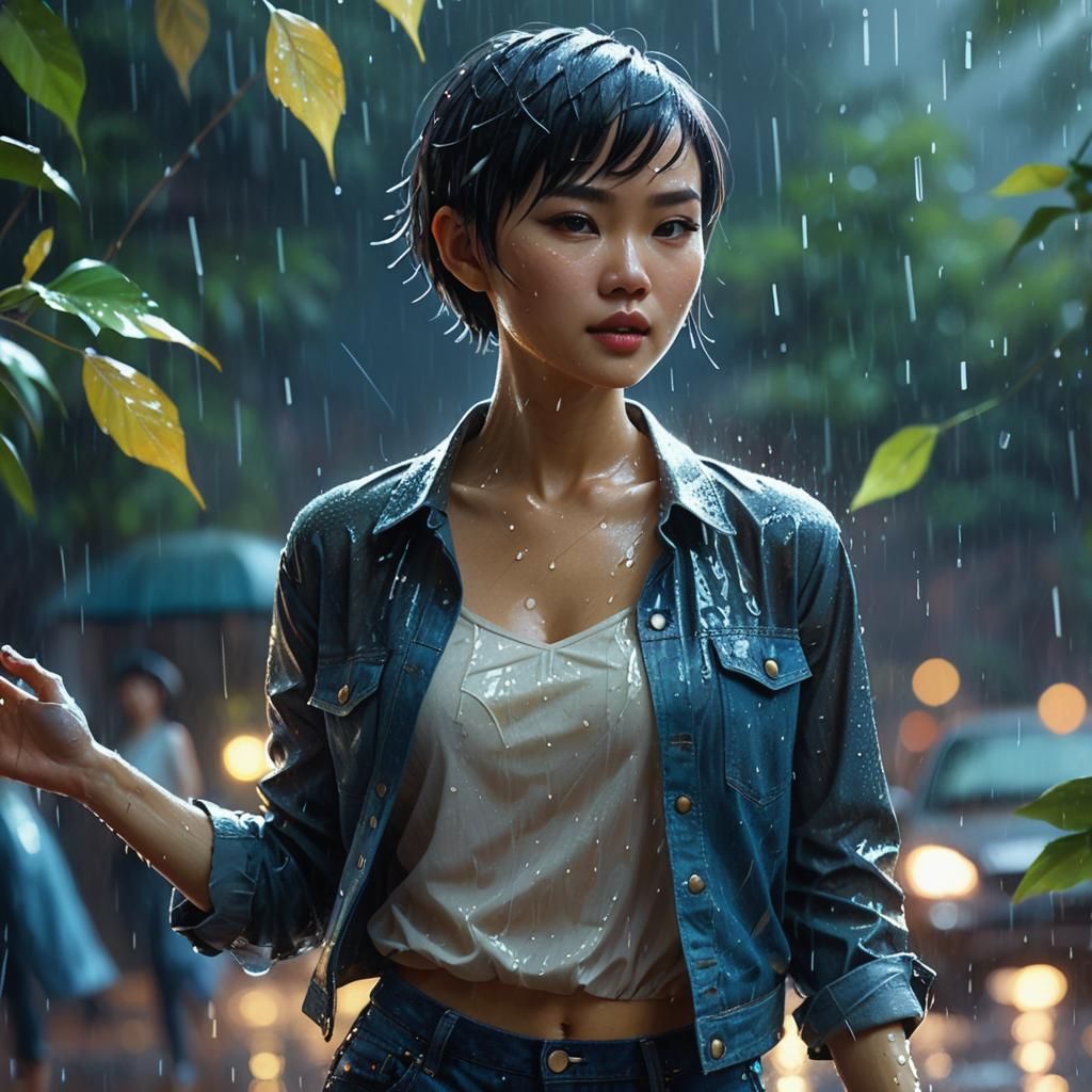 petite Vietnamese girl with pixie-cut short hair...