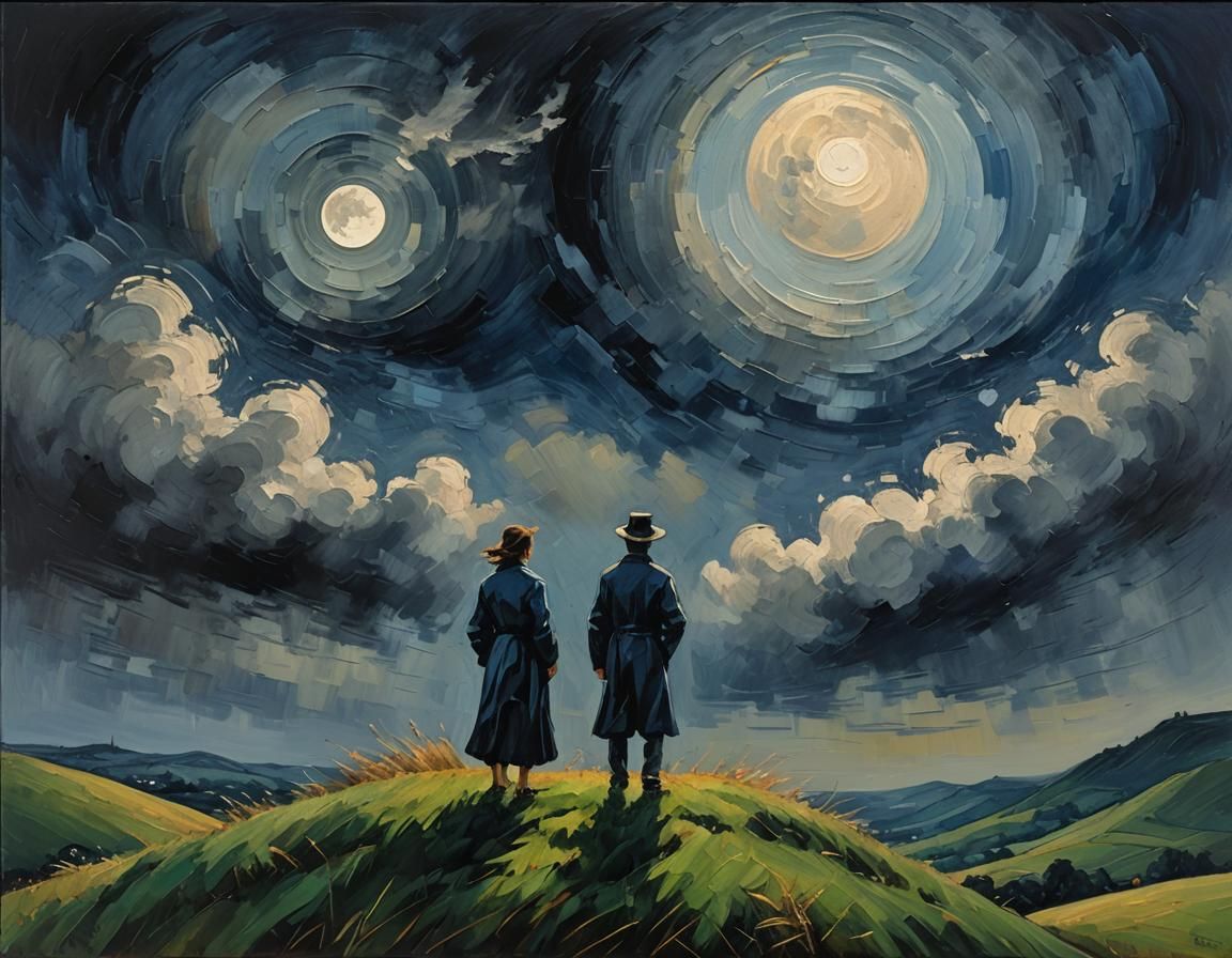 Moonlit Figure on Hill in Expressionist Style