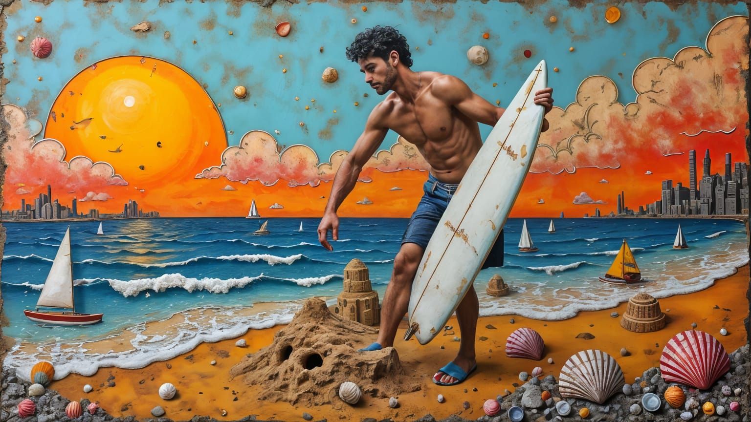 Surreal Collage of Man Surfing at Sunset