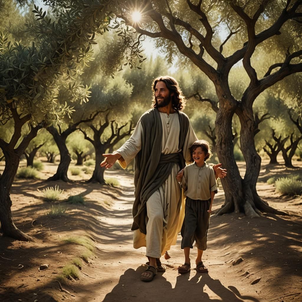 Jesus Walking Through Olive Grove with Children