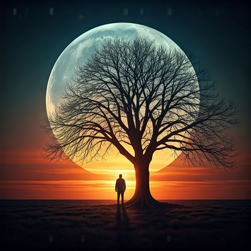 Man Contemplates Giant Moon Under Ancient Tree