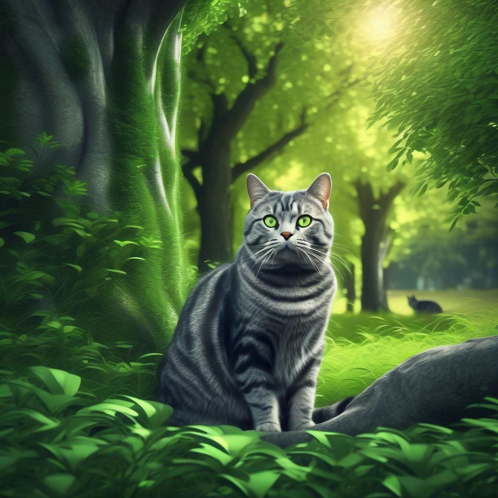 Grey Tabby Cat Under Green Trees: Digital Painting