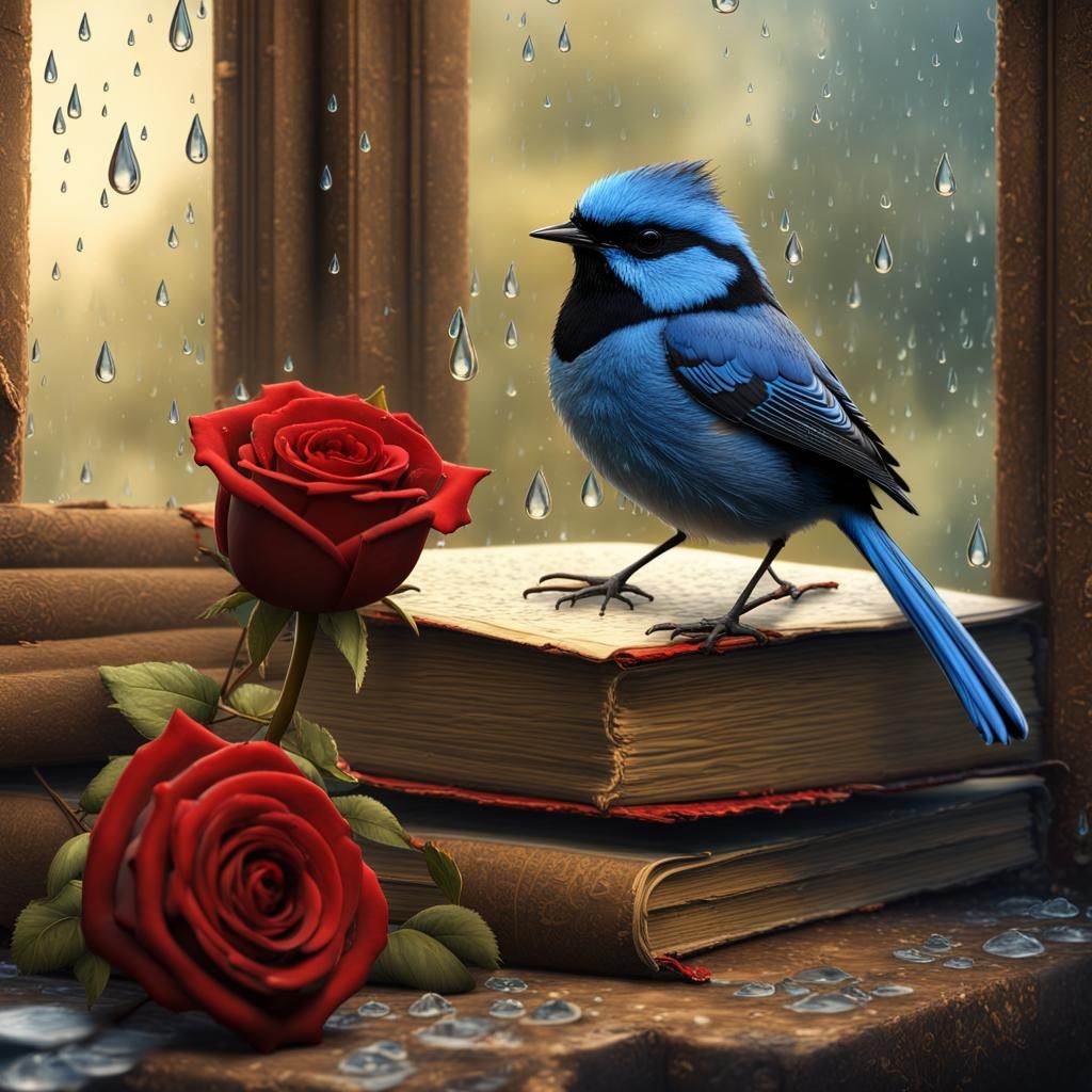Blue Fairy Wren and Rose: Detailed Matte Painting