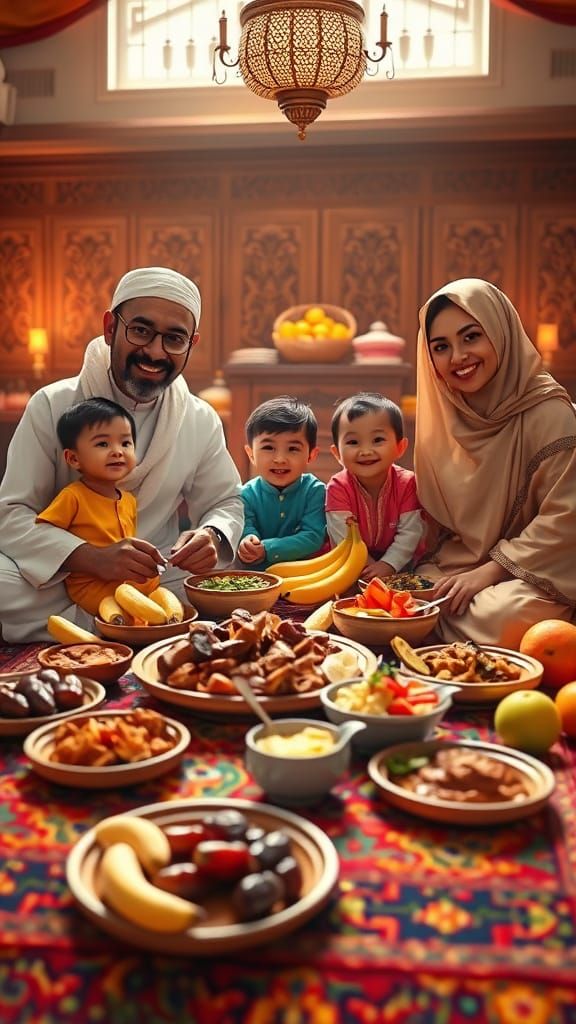 "Photorealistic image of happy Muslims male ,kids and female in traditional clothing sitting on a carpet and sharing a m...