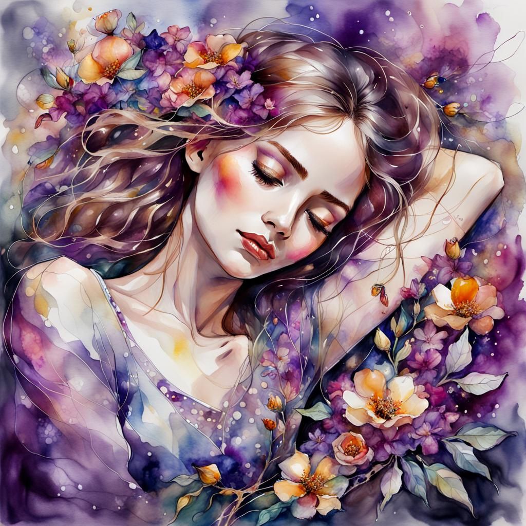 Ethereal Woman Sleeping on Flowers, Watercolor Mixed Media