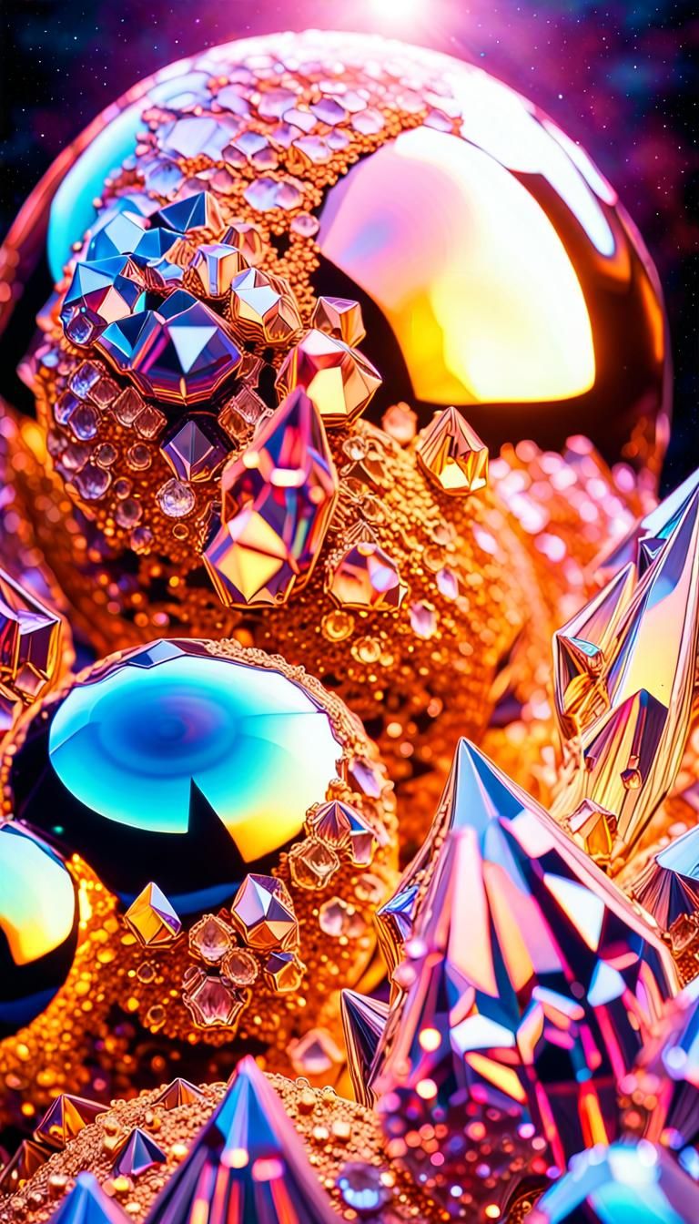 Iridescent Crystal Planet in Space: Maximalist Digital Art