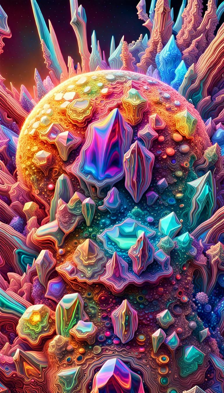 Iridescent Crystal Planet in Neon 3D Digital Art