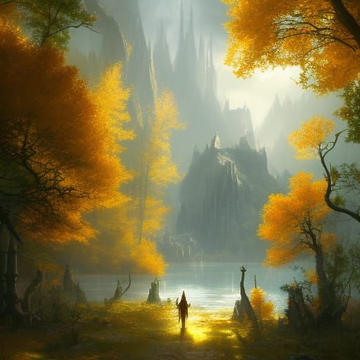 Elven City in Golden Forest: High Fantasy Art