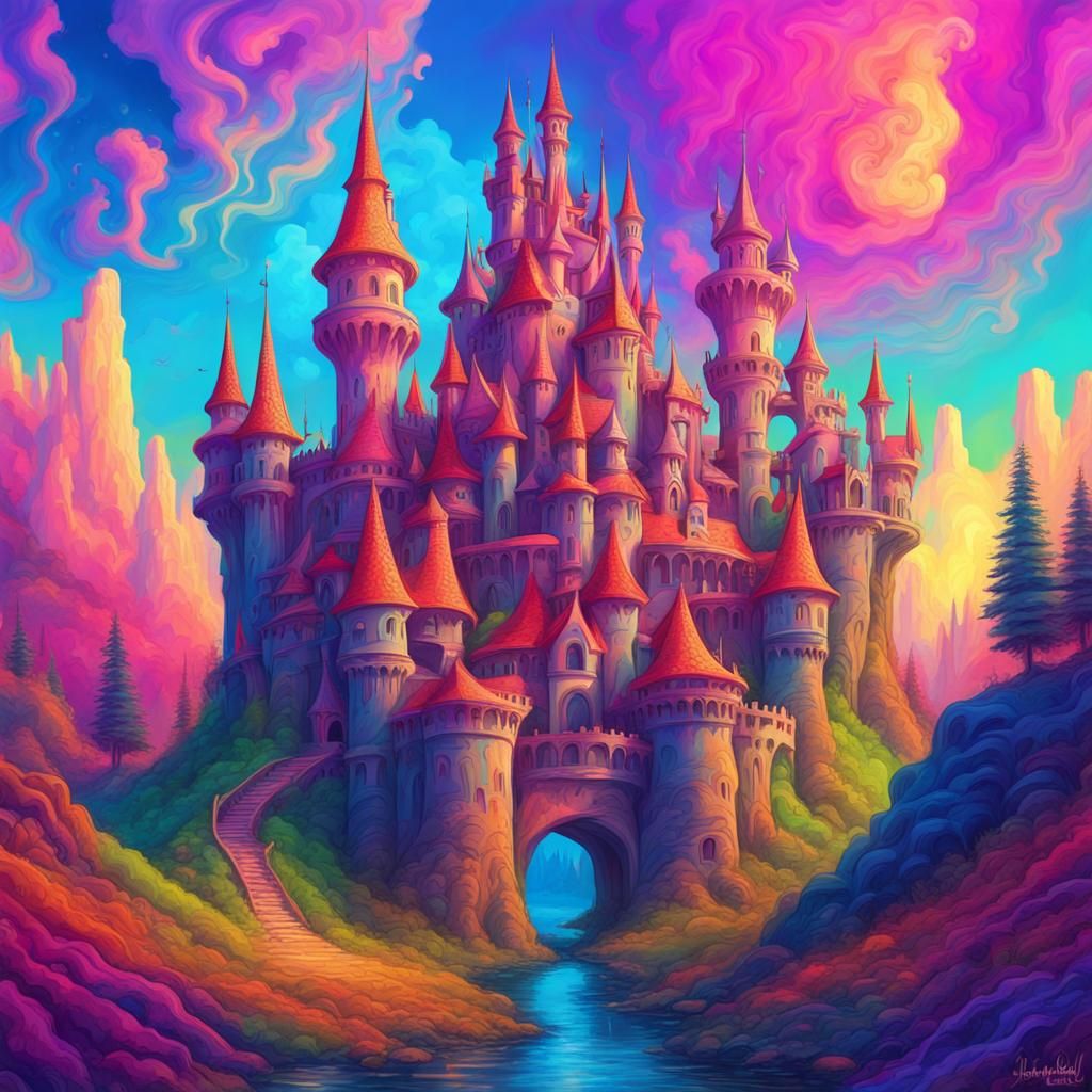 Psychedelic Fantasy Castle in Vivid Colors