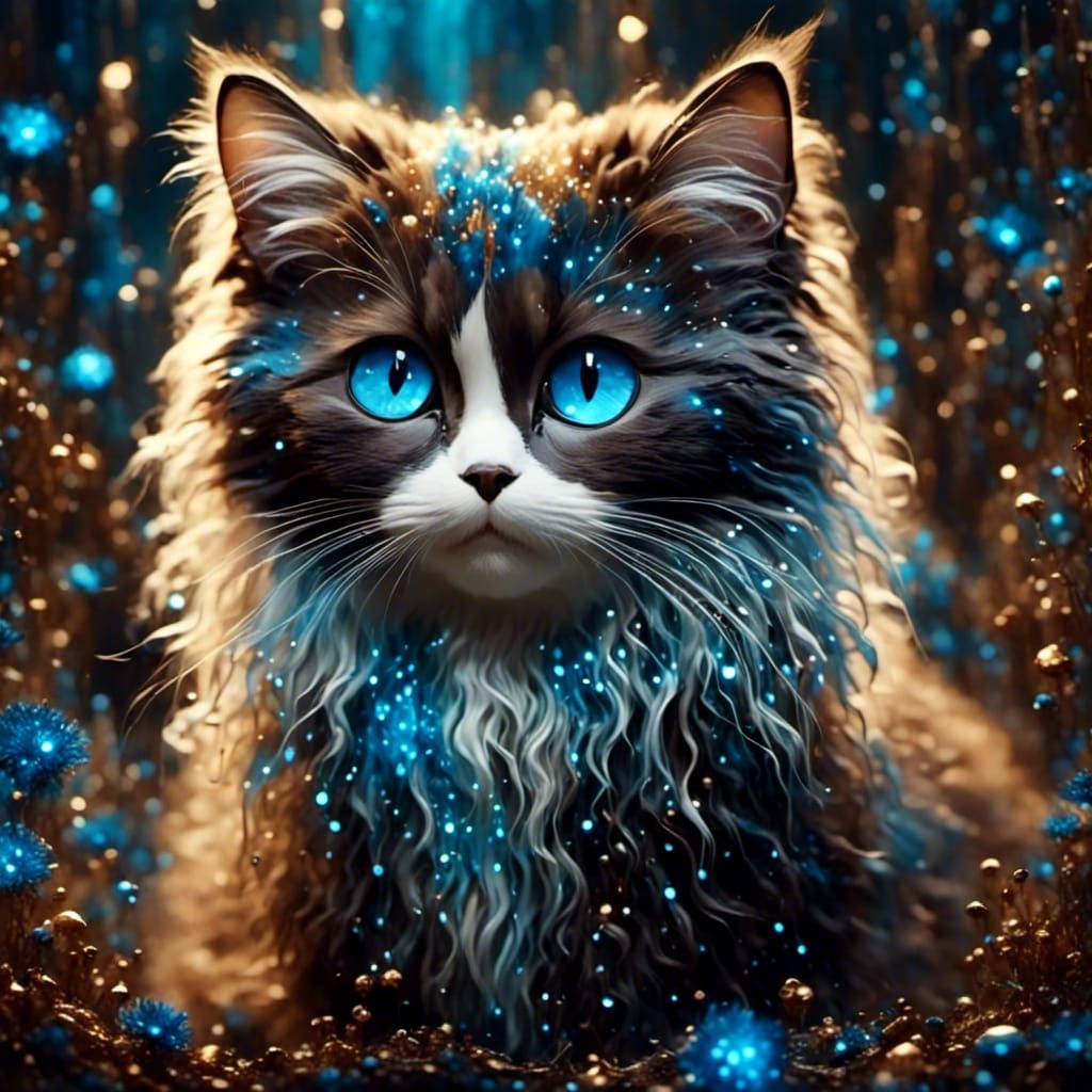 <lora:Cosmic Cuties:1.0> Cute Stellar Kitty; Ragdoll cat with chocolate brown accents against a cosmic canvas; Storybook...