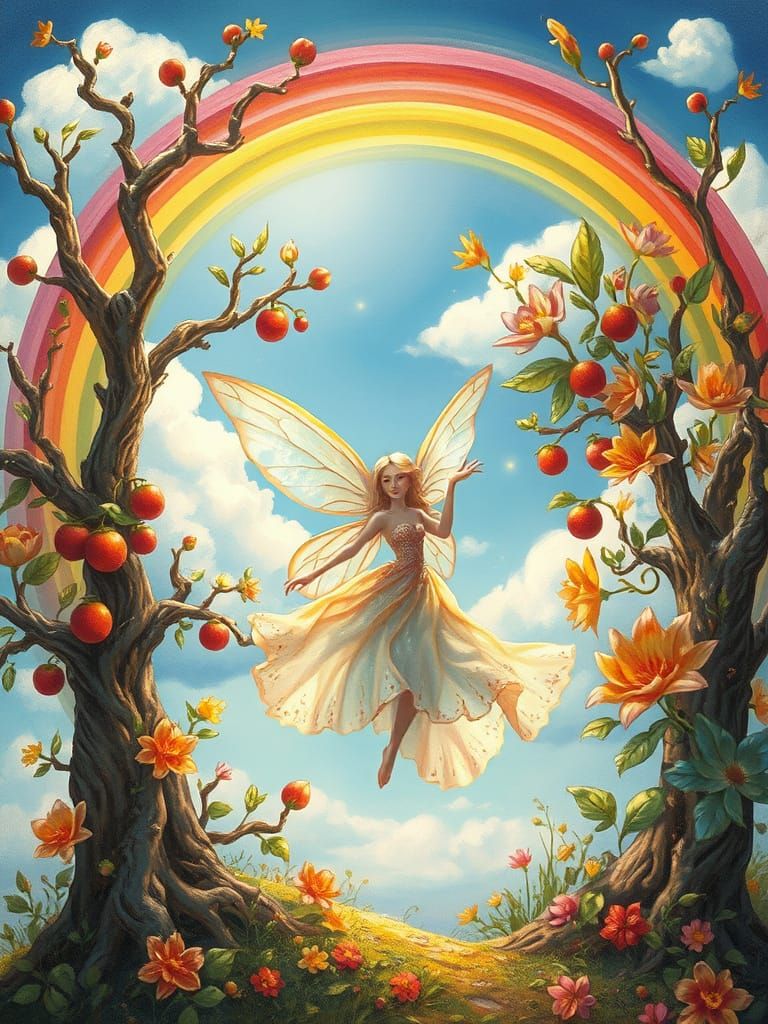 Whimsical Fairy Dancing Under Rainbow in Dreamy, Romantic St...