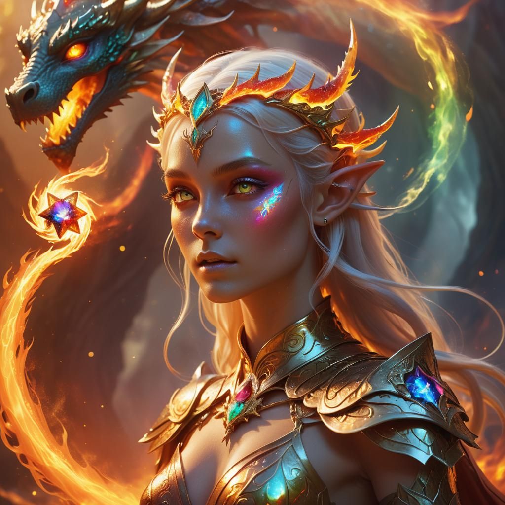 Dragon Princess with Fire Gem, Surreal Concept Art