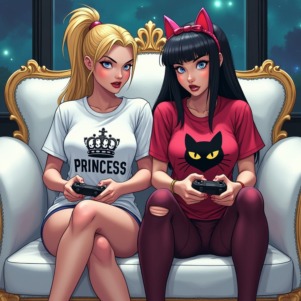 Adora and Catra in Futuristic Royal Game Room, Jim Lee Style