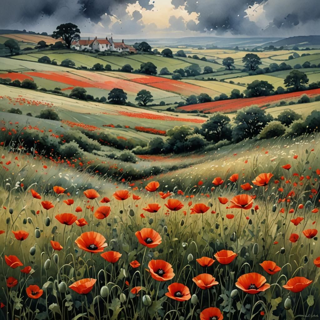 Poppy Field Storm: Detailed Watercolor Painting
