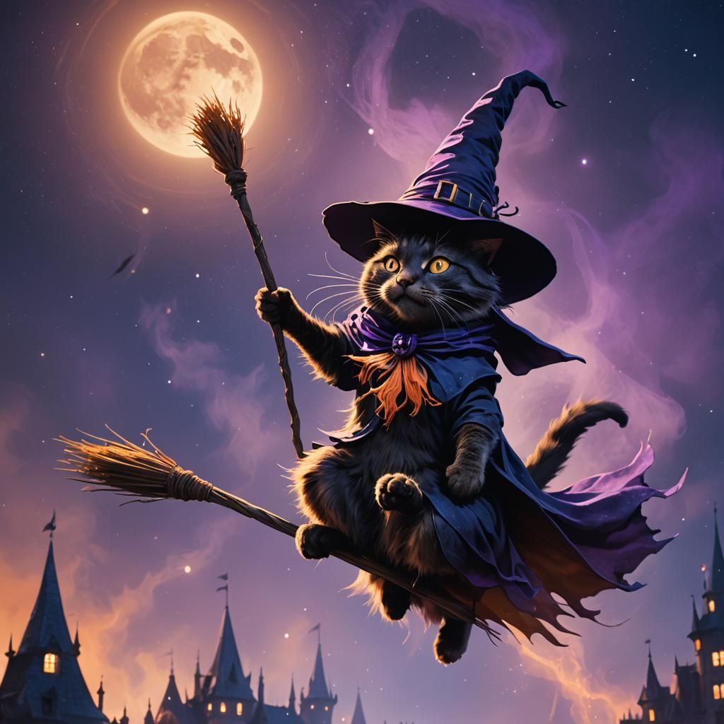 Cat Witch Flying on Broom in Gothic Fantasy