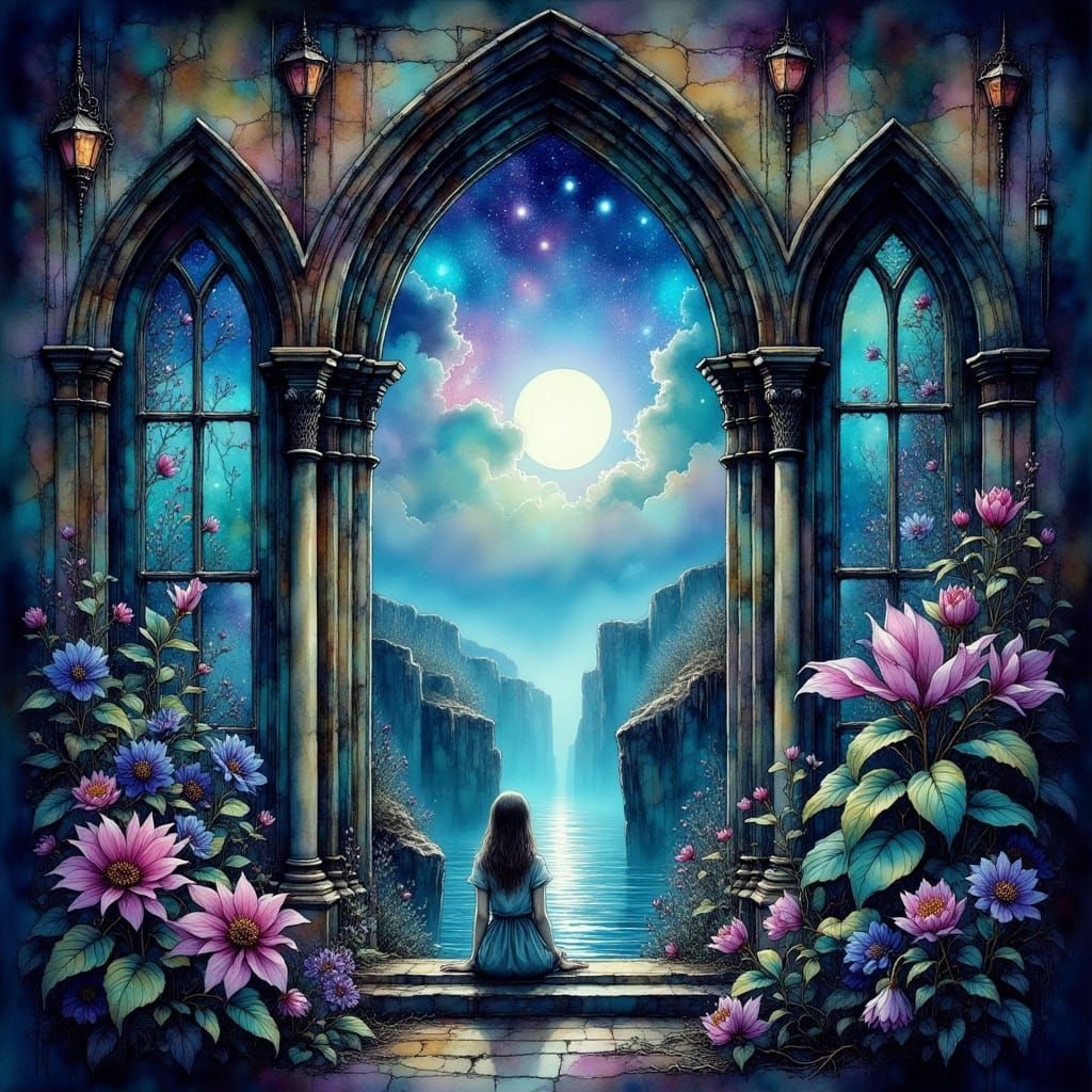 Majestic Gothic Window Frames Dreamlike Mystical Realm