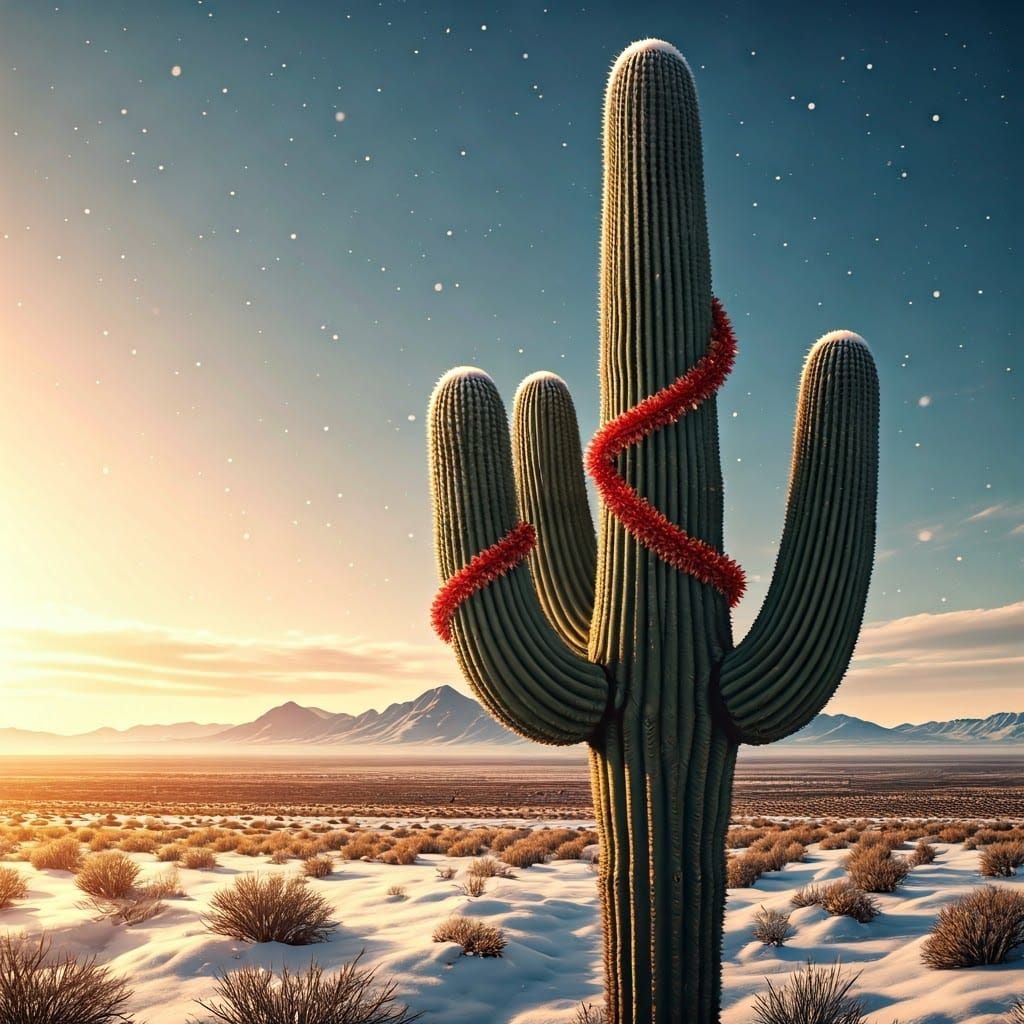 Surreal Winter Saguaro Cactus Decorated with Christmas Light...