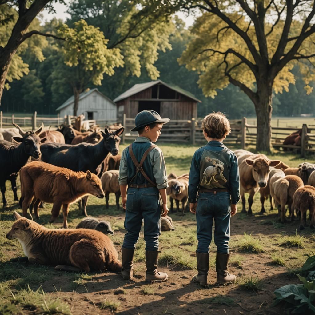 Boy on Farm with Animals: Cinematic Film Still