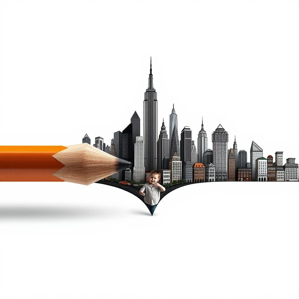 A pencil gradually transforming into an entire city at the t...