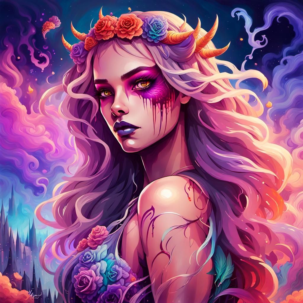 Demonic Goddess with Purple Eyes in Cyberpunk Style